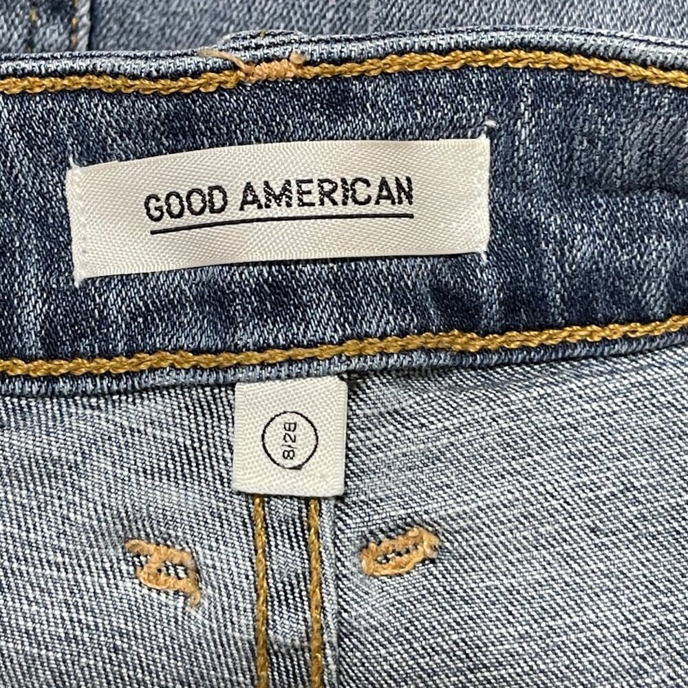 Good American Denim Pencil Skirt Distressed Med Wash Stretch Size 8 High Waisted - Picture 3 of 7
